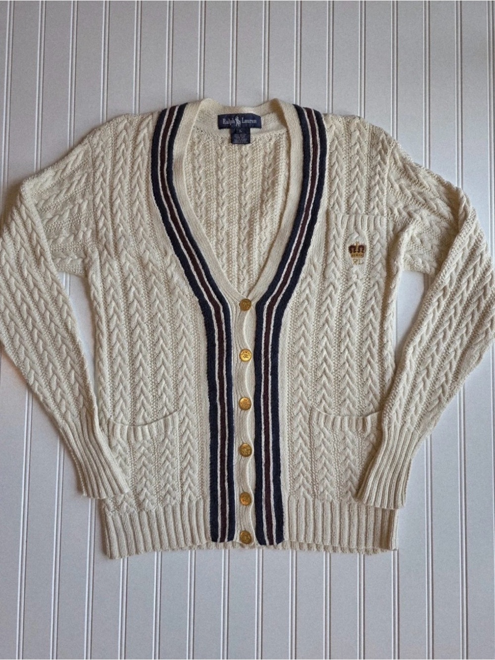 Ralph Lauren Cream Cable-Knit Cardigan with Navy Trim and Gold Buttons